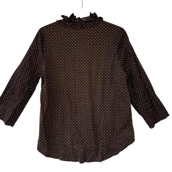 Charter Club Brown Polka Dot Tunic Blouse Womens L Peasant Boho Ruffle Twee Soft - Picture 2 of 12